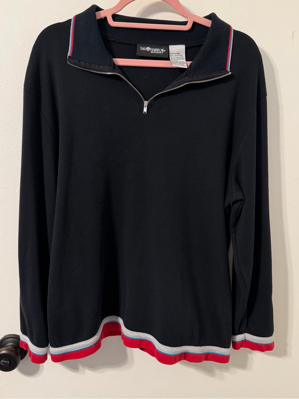Sag Harbor Black Quarter-Zip Sweater with Red & Gray Trim